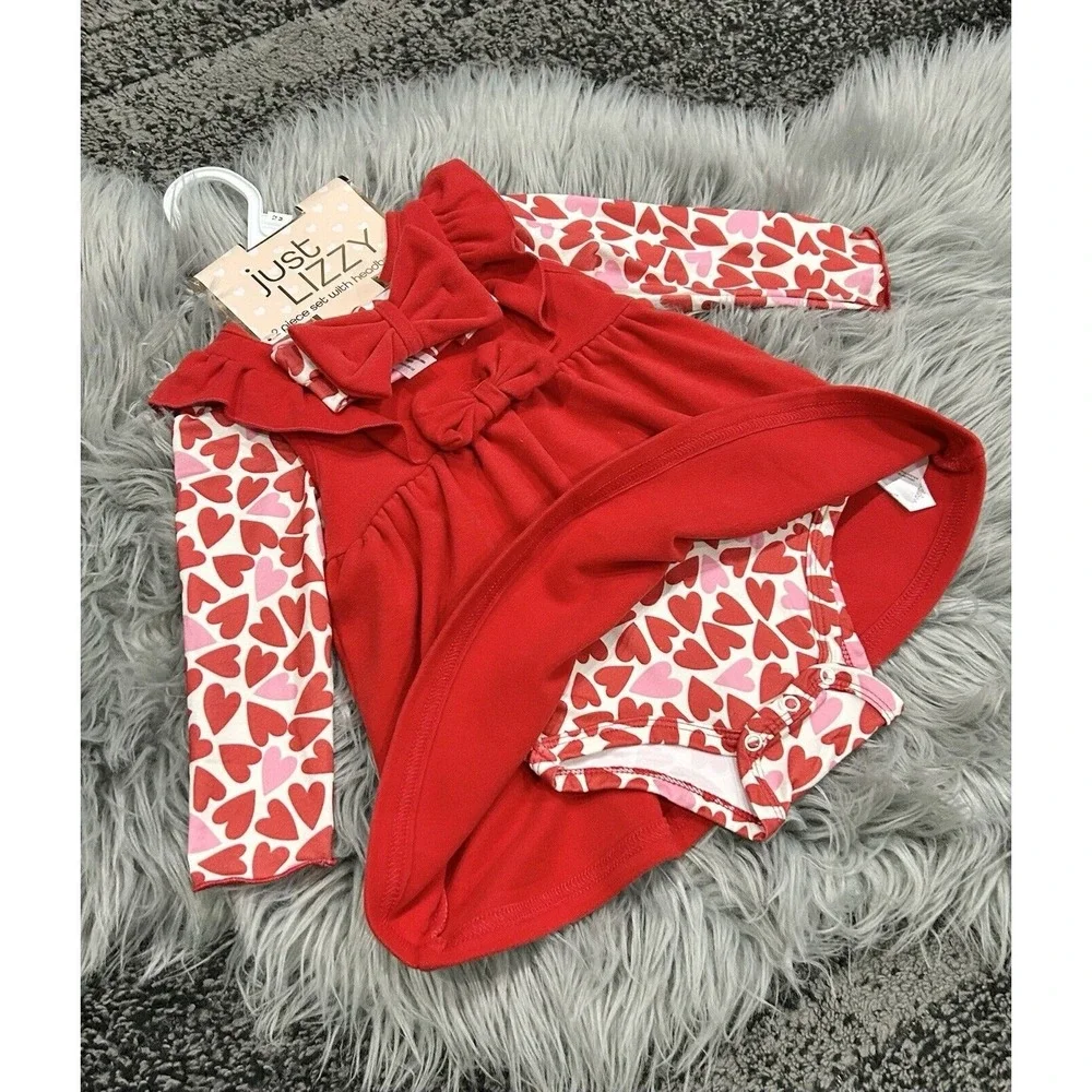 Just‎ Lizzy Brand 12 Month Red Hearts Bib Dress-Bodysuit-Headband Set